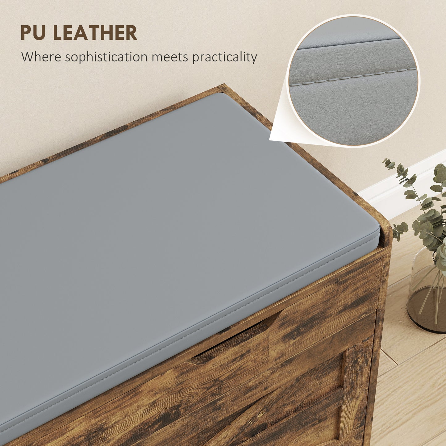 Shoe Storage Bench, Entryway Bench with 2-Tier Cabinet, Flip-Top Storage, Padded Cushion for Hallway, Rustic Brown