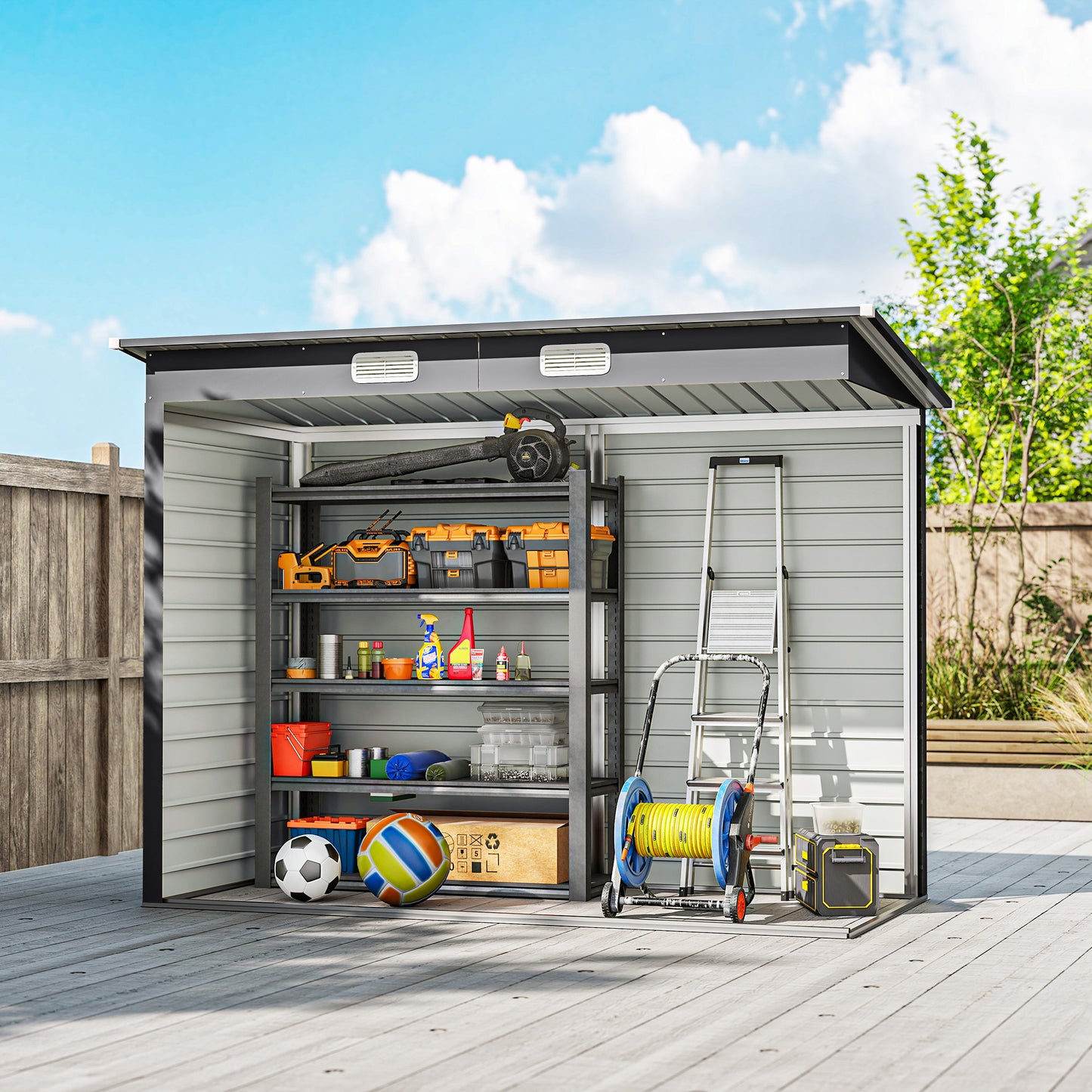 8 x 4FT Galvanized Garden Storage Shed, Metal Outdoor Shed with Double Doors and 2 Vents, Grey