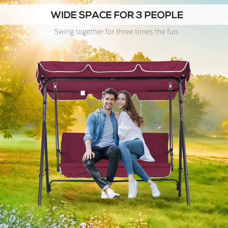 Wine Red 3-Seater Porch Swing with Adjustable Canopy