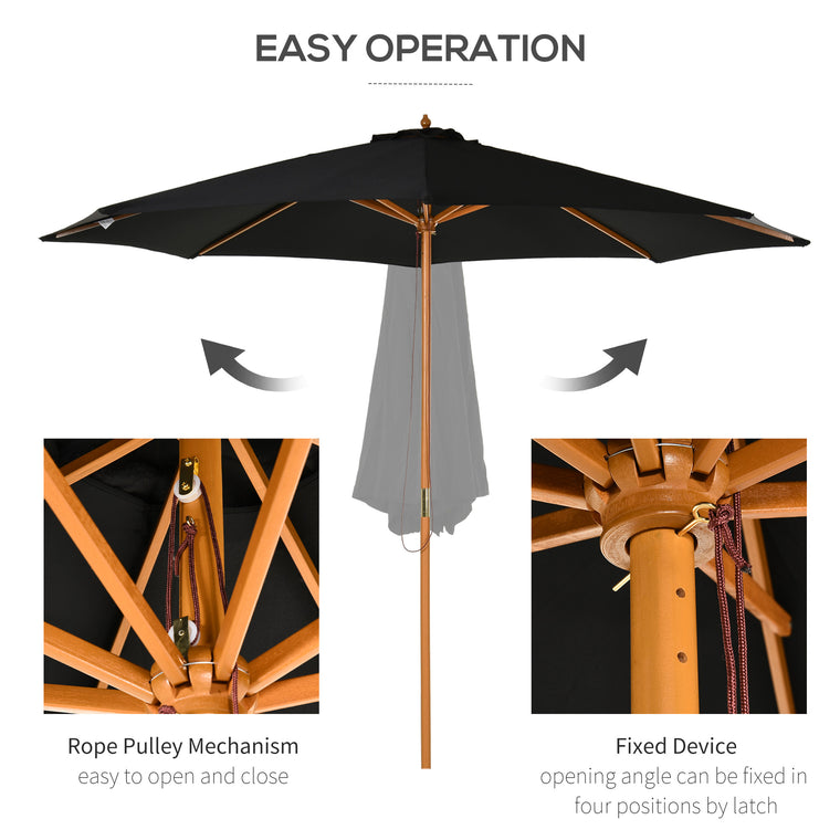 10' x 8' Black Wooden Patio Umbrella with Bamboo Ribs