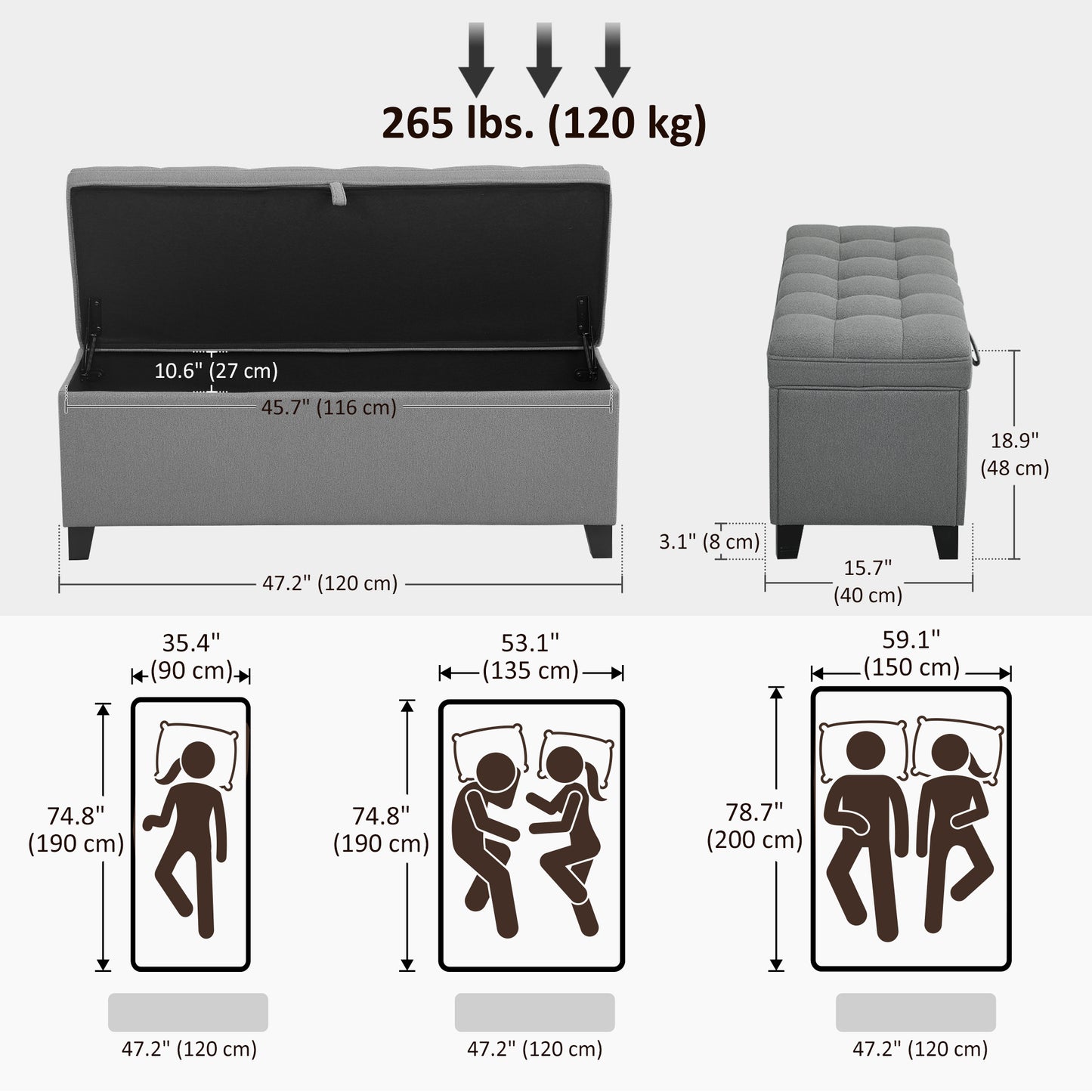 Storage Ottoman Bench, Foot Rest with Safety Hinges, 47 Inches Linen Storage Chest for Living Room, Dark Grey
