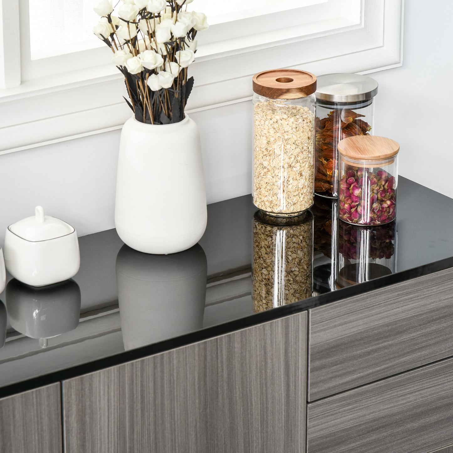 Kitchen Sideboard Storage Cabinet, Modern Coffee Bar with Push-Open Design and 2 Drawers for Living Room, Black