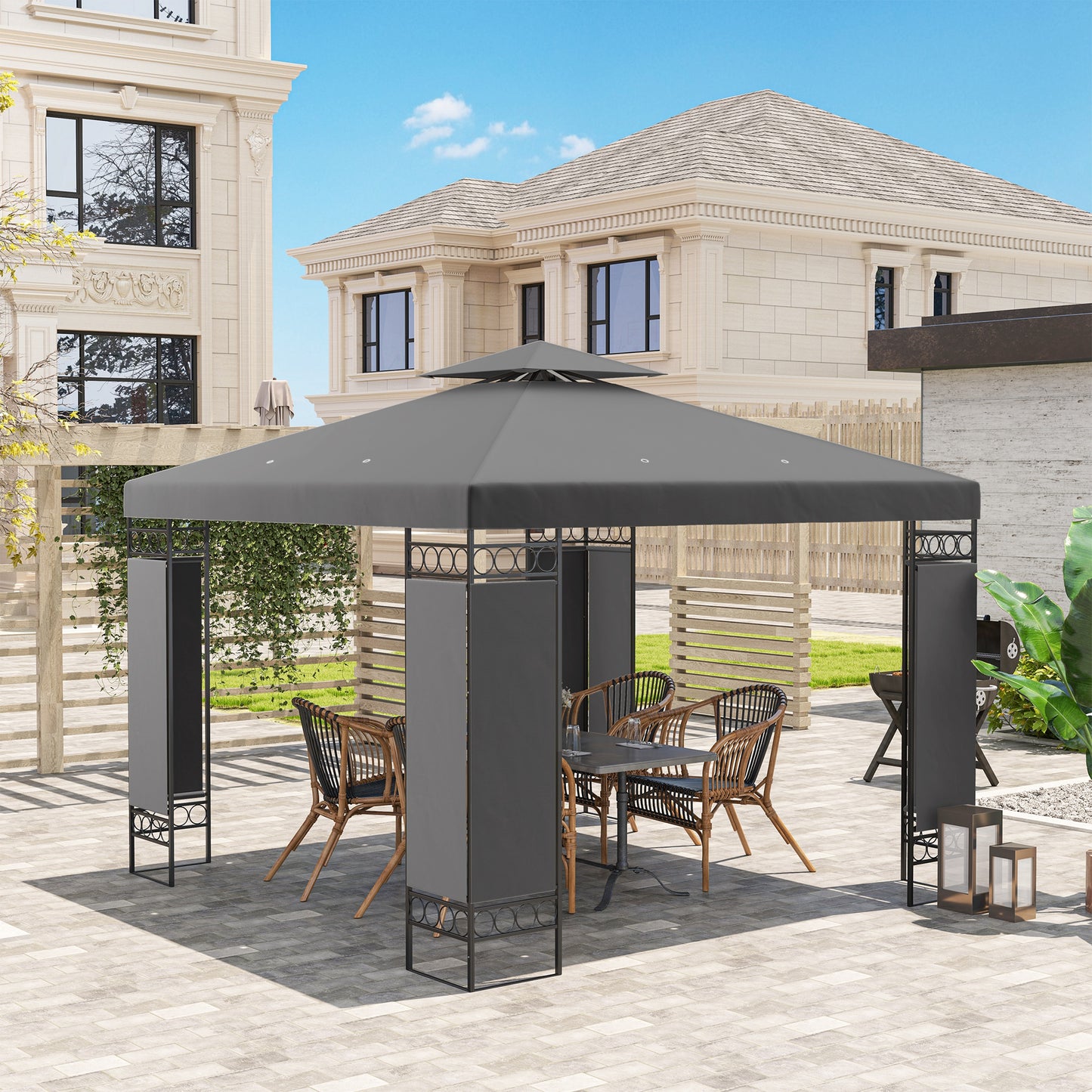 10 x 10 FT Canopy Gazebo, Double Roof Patio Gazebo with Screen Panels and Metal Frame for Deck, Backyard, Dark Grey
