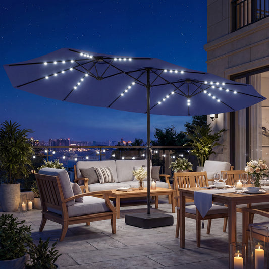 Double-sided Patio Umbrella with Base Included & 48 LED Lights 15ft Dark Blue