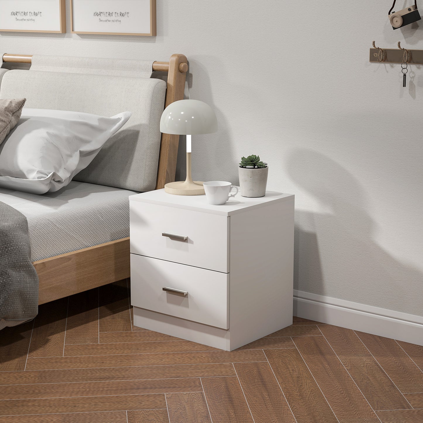 Bedside Table with 2 Drawers, Modern Nightstand for Bedroom, White