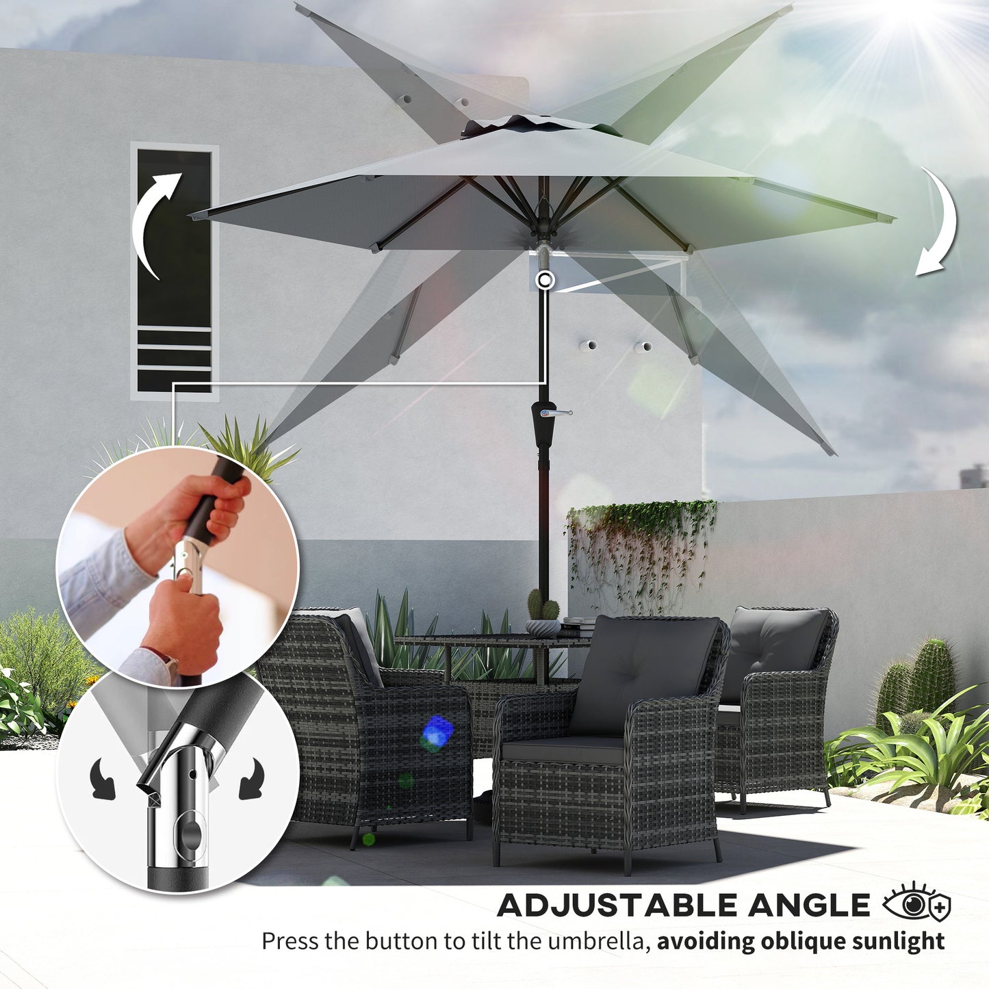 Patio Sun Umbrella, Outdoor Parasol with 6 Ribs, Light Grey