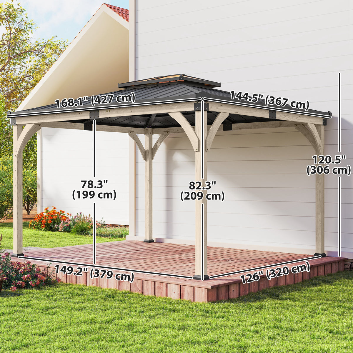 12' x 14' Light Walnut Hardtop Gazebo with Steel Roof