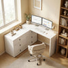 L Shaped Computer Desk Home Office Desk with 6 Drawers White Wood Grain