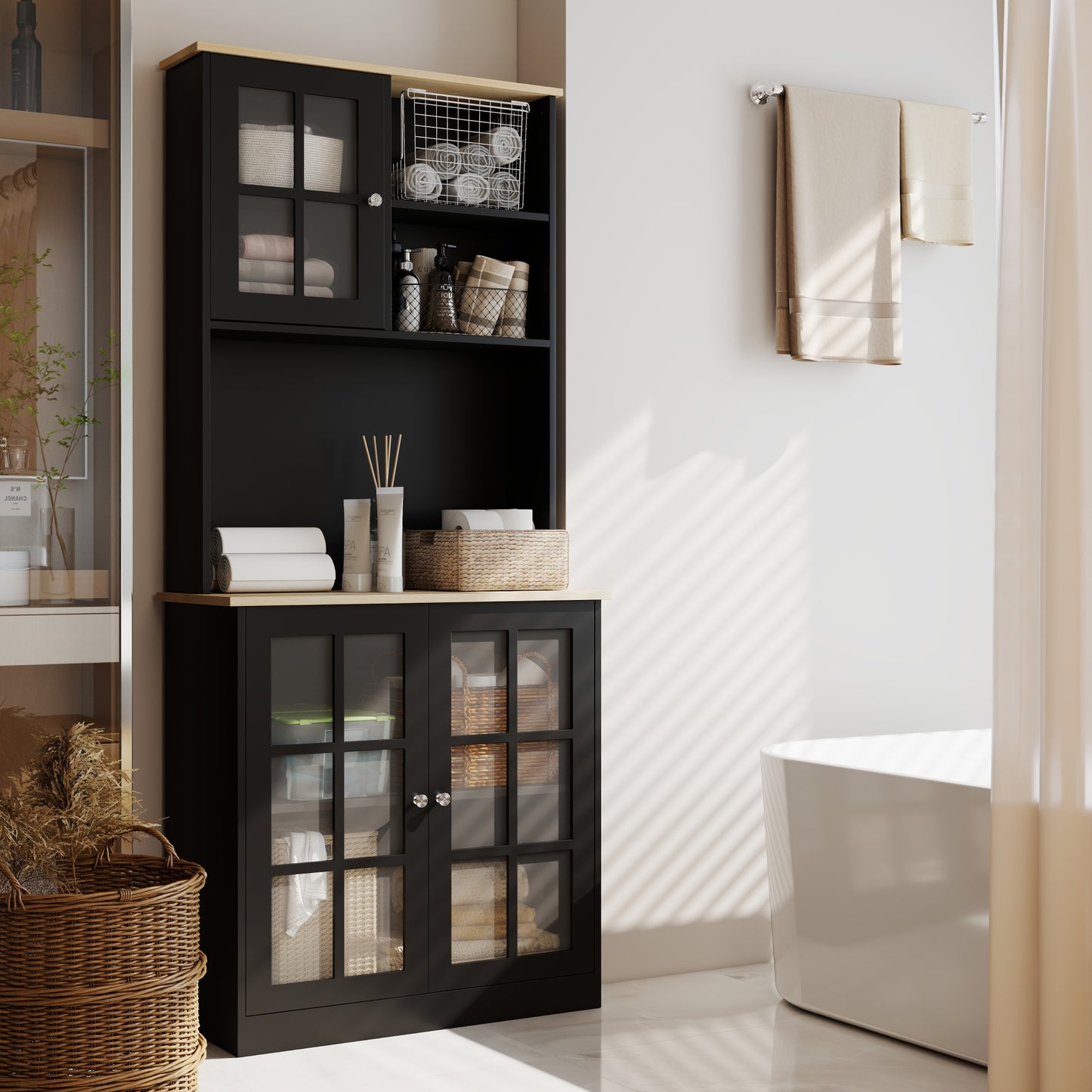 Kitchen Buffet with Hutch, Storage Pantry with 3 Cabinets, 2 Open Shelves and Large Countertop, Black