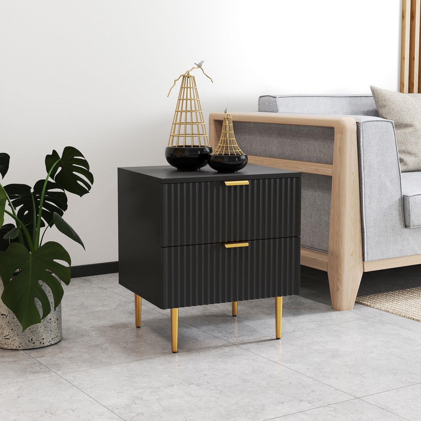 Bedside Table, Modern Nightstand with 2 Drawers, Side End Table with Metal Legs for Living Room, Bedroom, Black