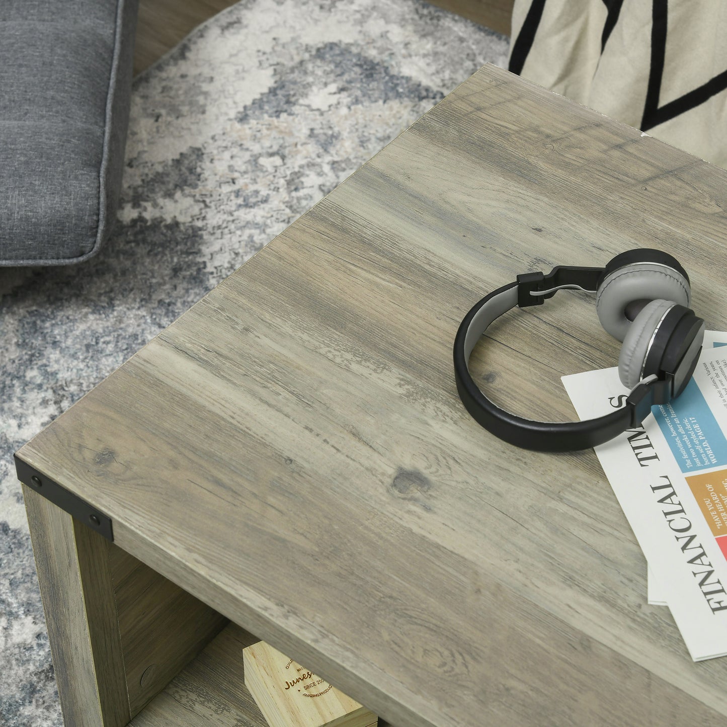 Farmhouse Coffee Table with Drawer and Storage Shelf, Rustic Center Table for Living Room, Meeting Room, Grey