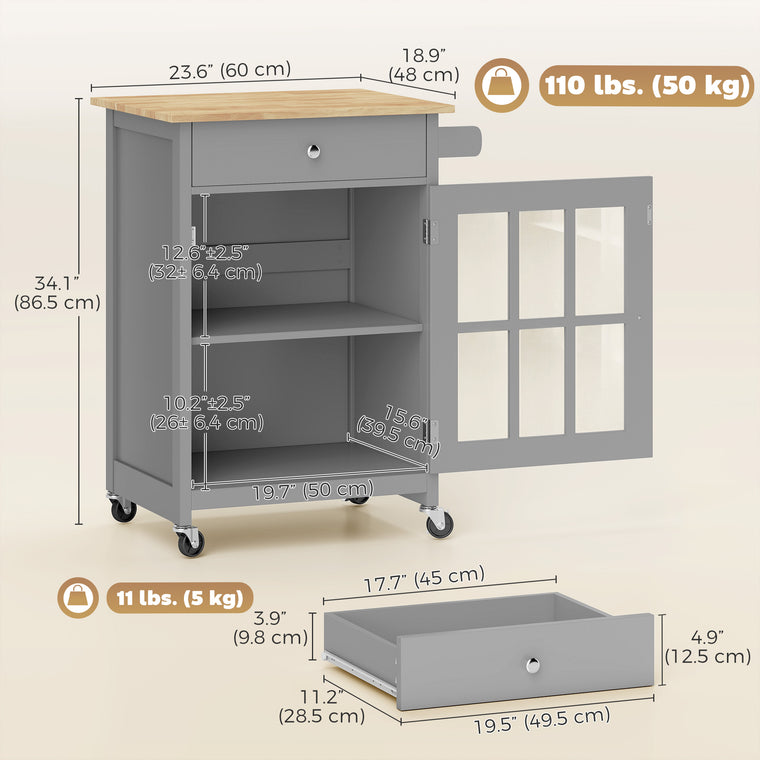 Rolling Kitchen Cart with Drawer and Glass Cabinet