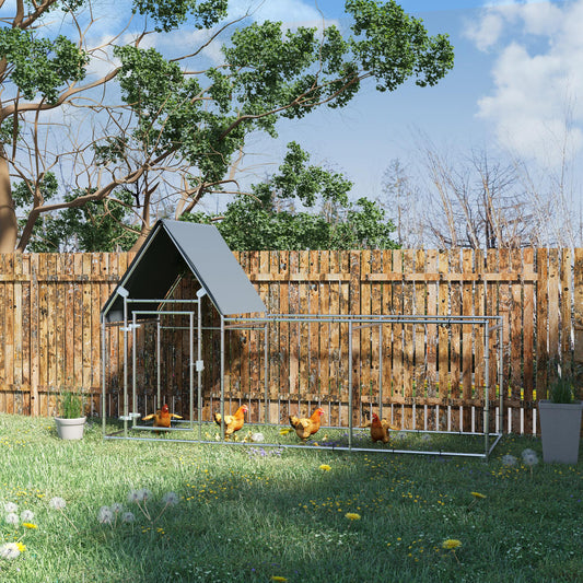 Walk In Chicken Run, Large Galvanized Chicken Coop, Hen Poultry House Cage, Rabbit Hutch Metal Enclosure w/ Water-Resist Cover for Outdoor Backyard Farm, 9.9' x 3.5' x 5.6'