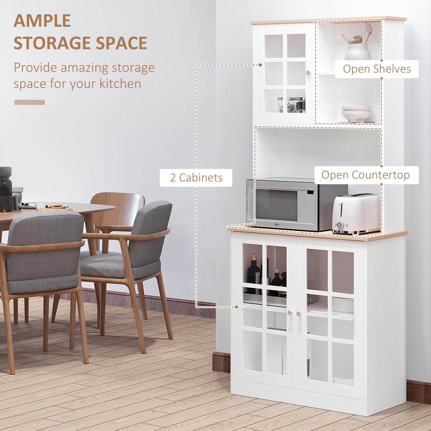 Kitchen Buffet with Hutch, Storage Pantry with 3 Cabinets, 2 Open Shelves and Large Countertop, White