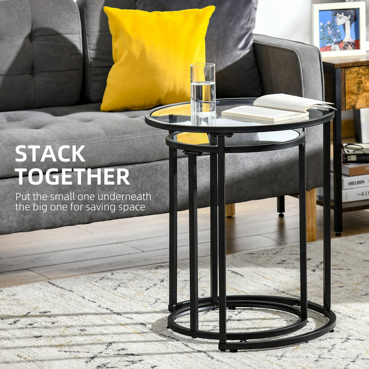 Set of 2 Round Nesting Coffee Tables with Glass Top