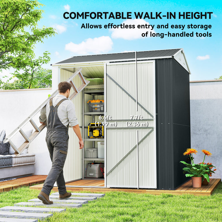 7' x 6' Tall Waterproof Metal Shed with Gloves - Dark Grey