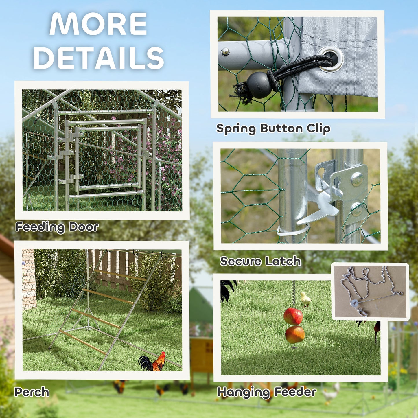 Large Metal Chicken Run with Waterproof & UV-Resistant Cover, Feeding Door, Hanging Feeder, Perch for 12-18 Chickens