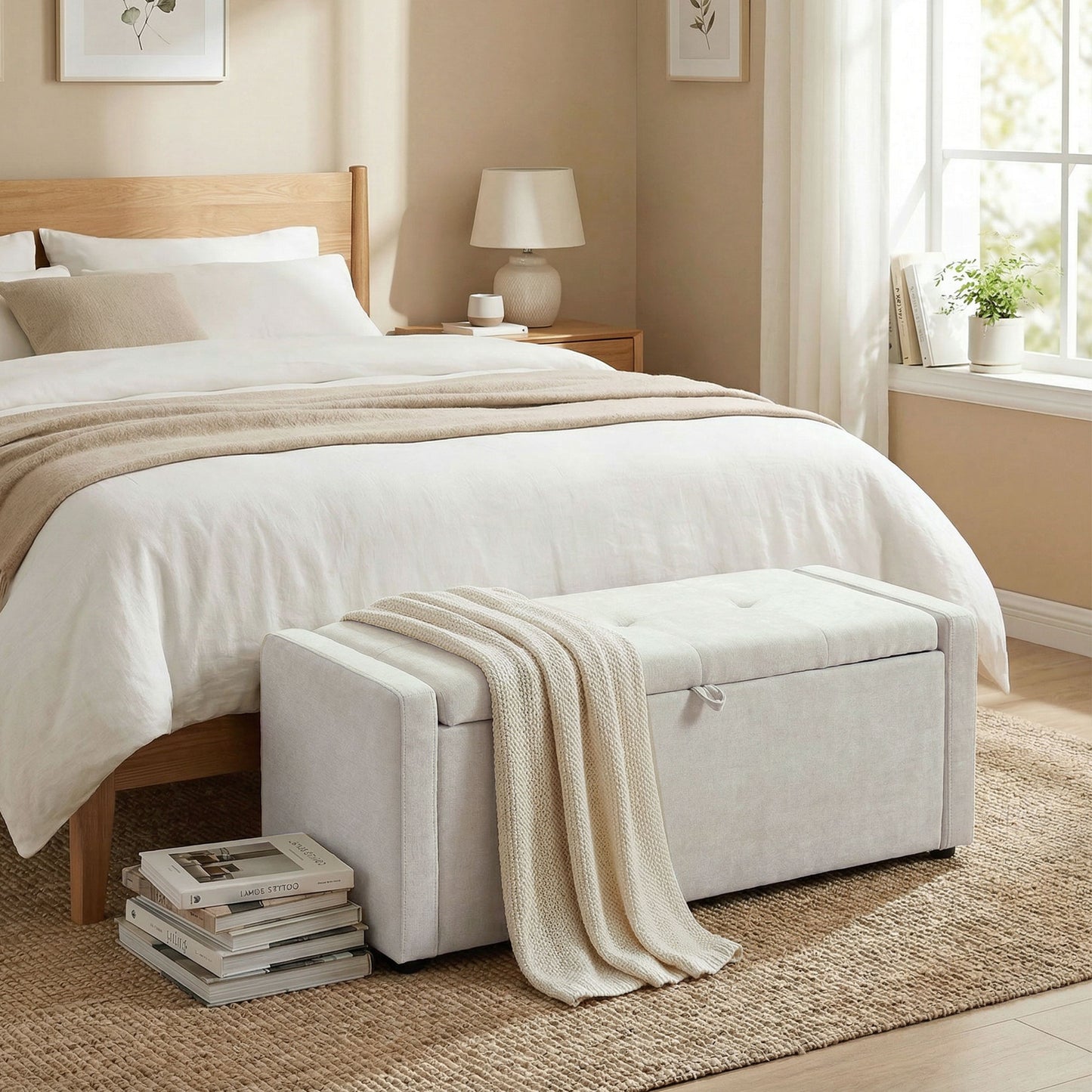 Storage Ottoman Bench, Linen-Look Fabric Upholstered Ottoman with Storage, Wide Padded Seat, Cream White