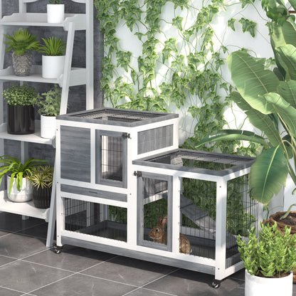 Grey Wooden Rabbit Hutch with Wheels & Pull Out Trays