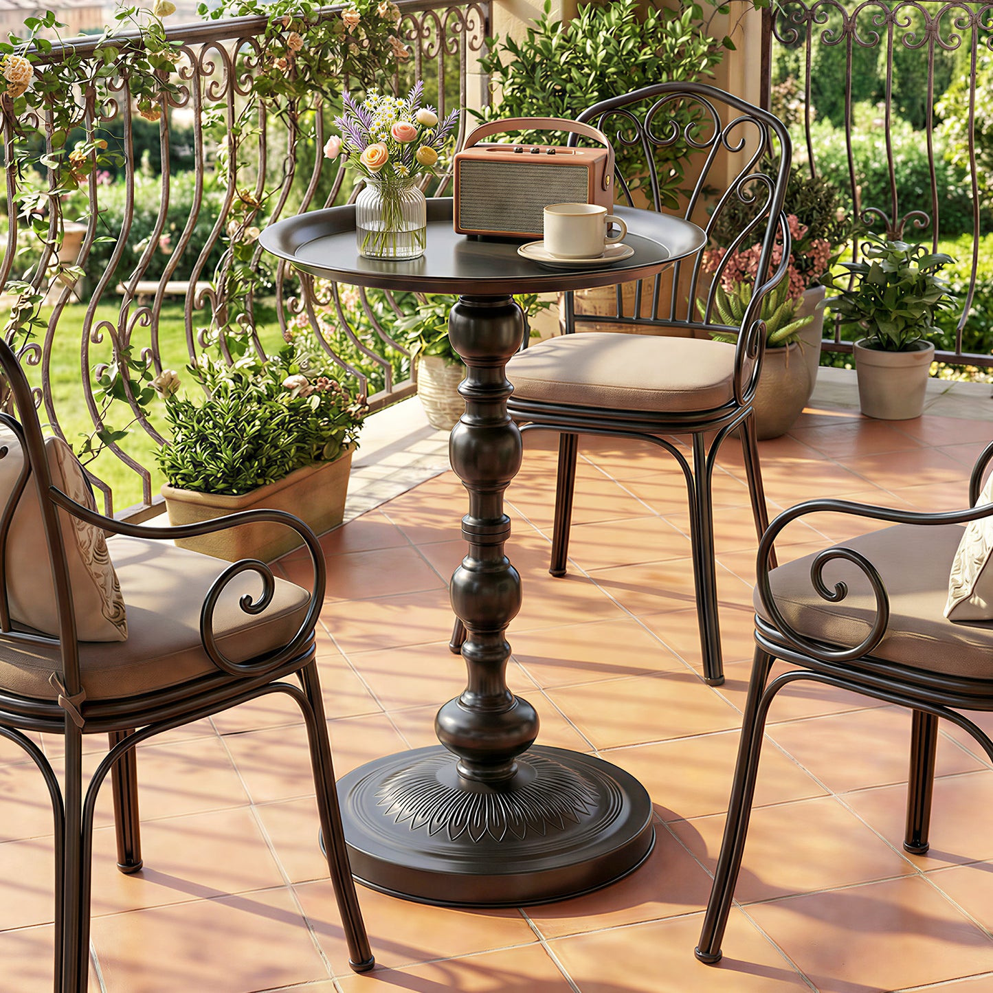 15.4" Round Outdoor Side Table, Tray Top Metal Patio Table with Retro Column Base for Indoor, Balcony, Garden, Black