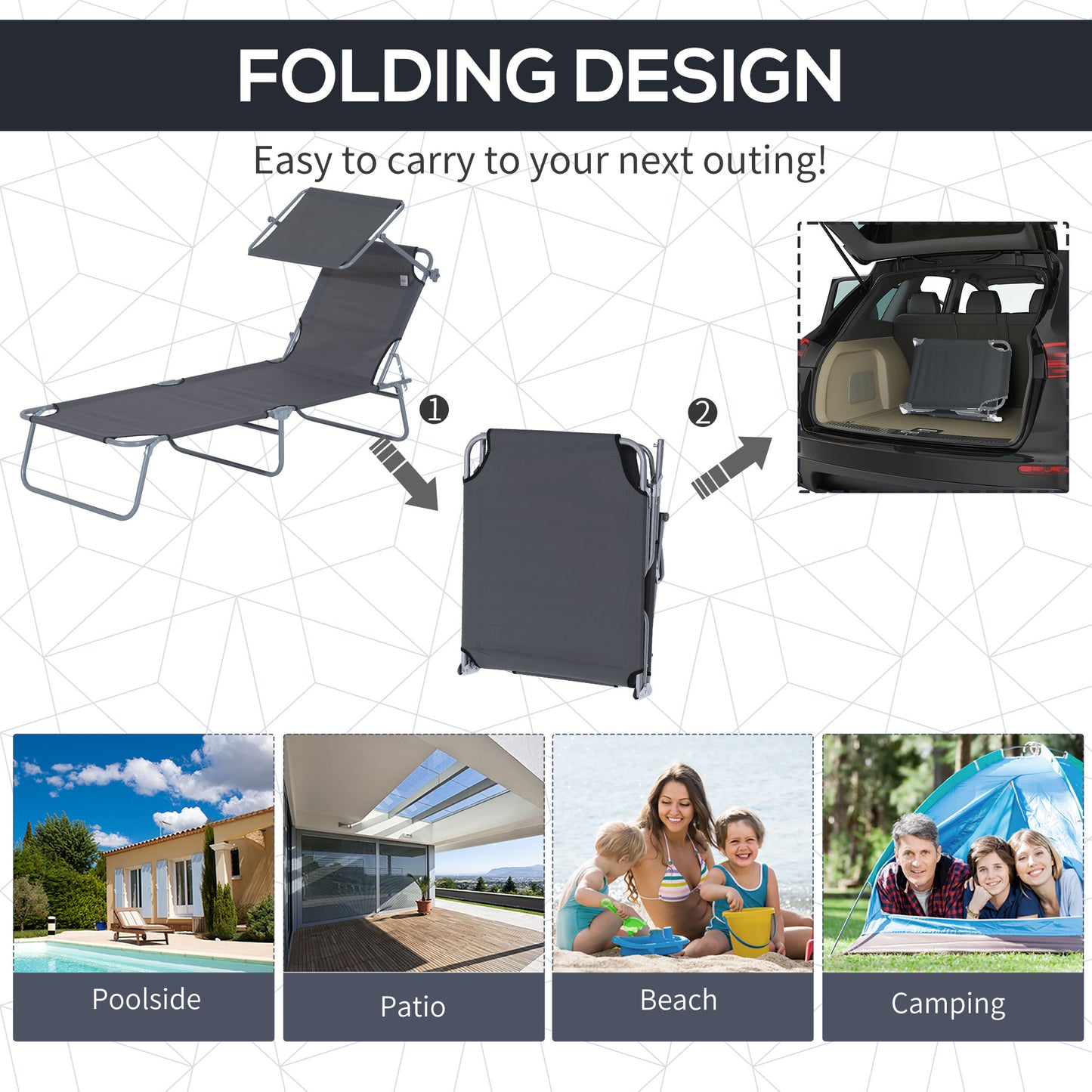 Outdoor Lounge Chair, Adjustable Folding Chaise Lounge, Tanning Chair with Sun Shade for Beach, Camping, Hiking, Backyard, Light Grey