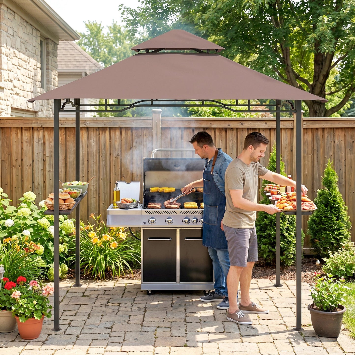 8' x 5' BBQ Grill Gazebo Tent with Double Tiered Canopy for Outdoor Sun Shade, Coffee