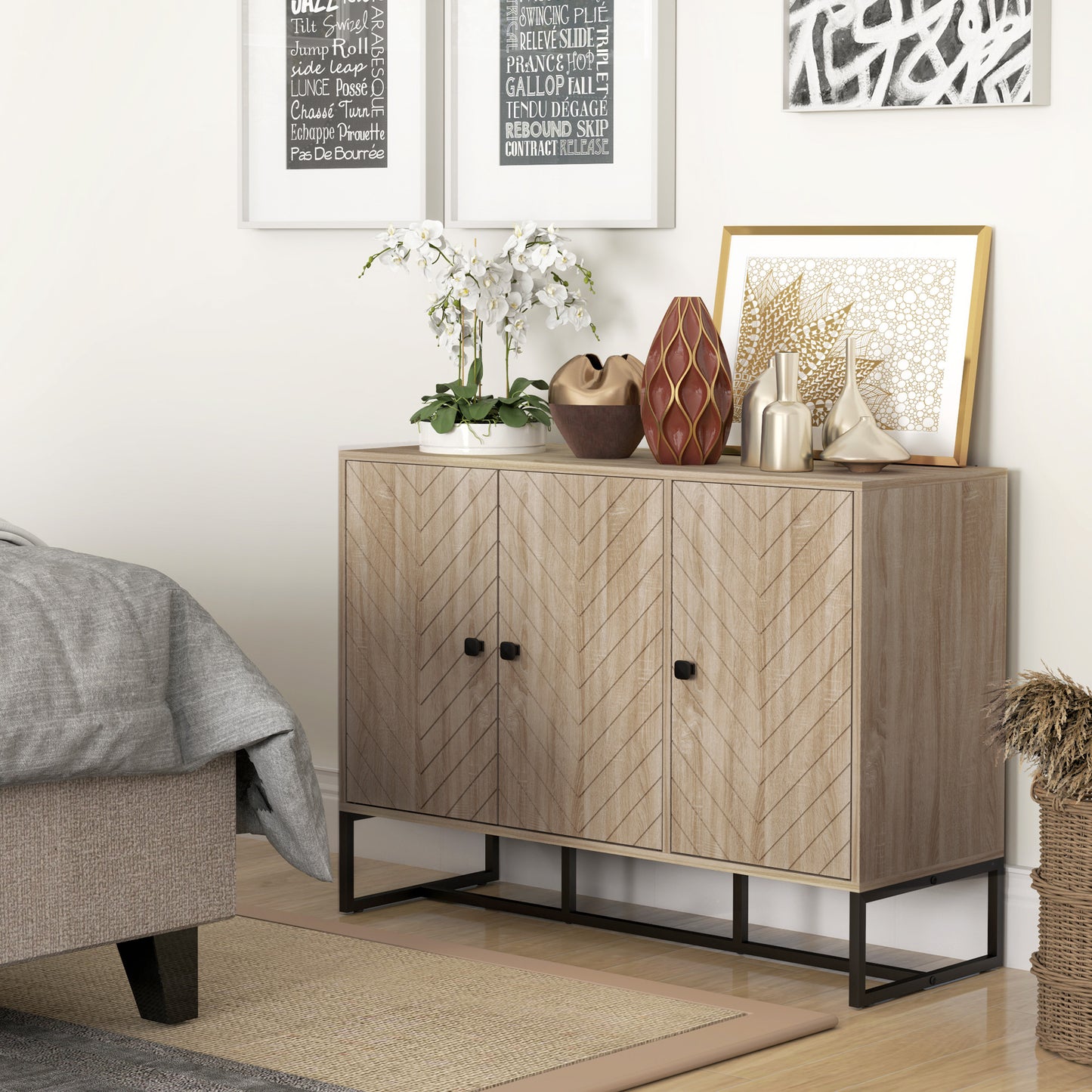 Modern Sideboard, Buffet Cabinet with Adjustable Shelves, 3 Chevron Doors for Living Room, Hallway, Oak Wood Grain