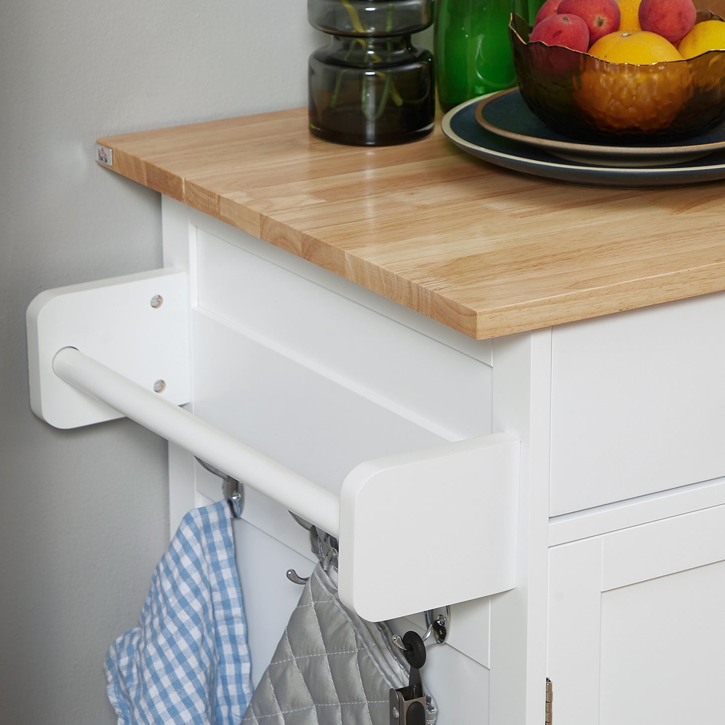 Rolling Kitchen Island with Storage, Kitchen Cart with Rubber Wood Top, Adjustable Shelf, Towel Rack, Hooks and Storage Drawers, White