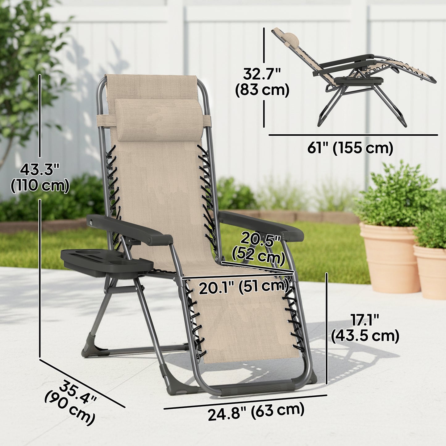 Zero Gravity Chair Set of 2, Folding Reclining Outdoor Lounge Chair with Cup Holder, Headrest, Light Brown