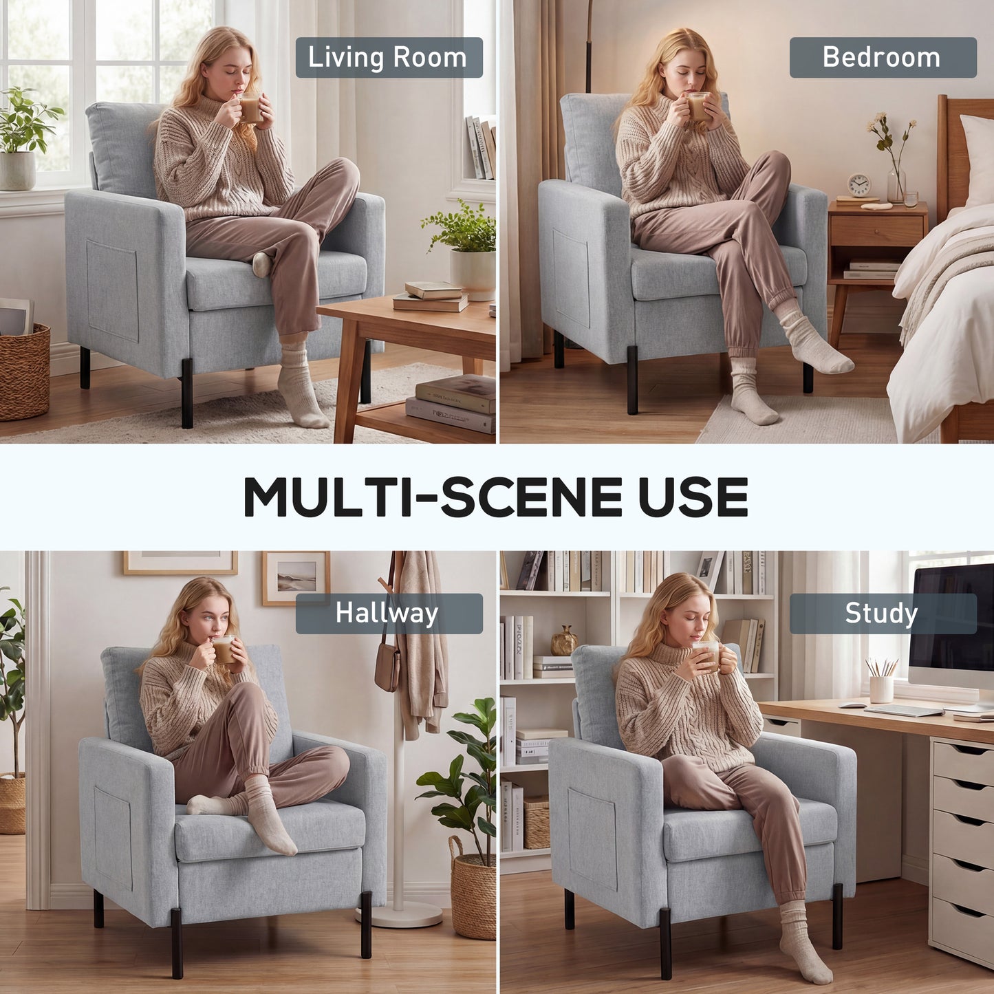 Accent Chair Modern Upholstered Armchair with Side Pockets and Cushion for Bedroom, Living Room, Light Grey
