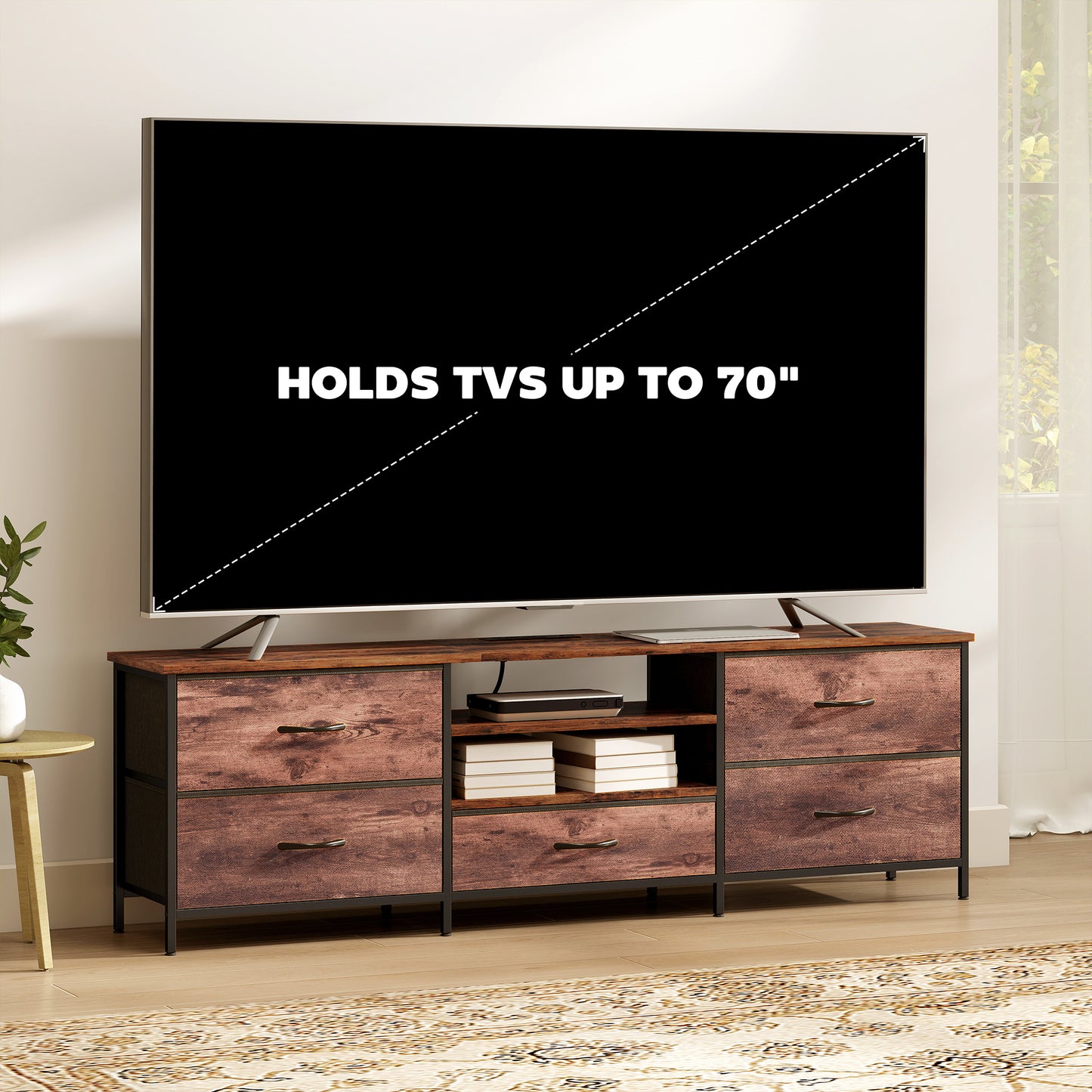 TV Stand for TVs up to 70 Inch, Industrial TV Console with Charging Station, 5 Drawers and Open Shelves, Rustic Brown