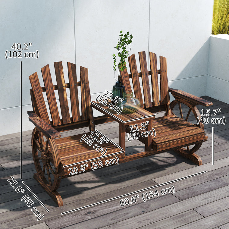 Carbonized Wood Loveseat Bench with Wagon Wheel and Table