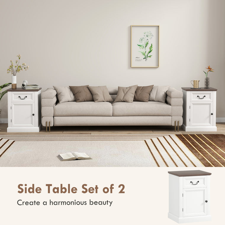 Set of 2 End Tables with Drawer and Cabinet - White