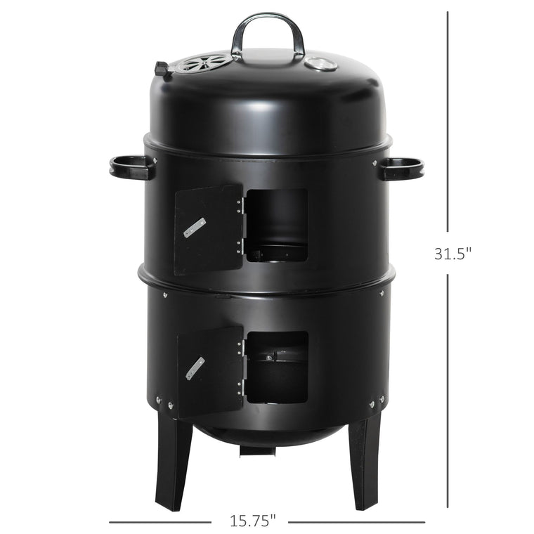 16" Black 3-in-1 Vertical Charcoal BBQ Smoker with Thermometer
