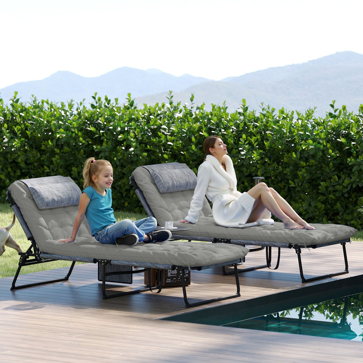 2-Piece Folding Lounge Chairs with Adjustable Backrest, Tanning Chair with Cushion, Side Pocket, Headrest, Beige