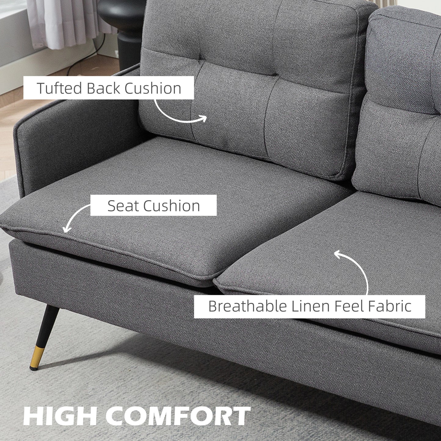 55" Loveseat Sofa, Linen Love Seat w/ S spring, Steel Legs and Button Tufting, Small Couch for Living Room, Dark Grey