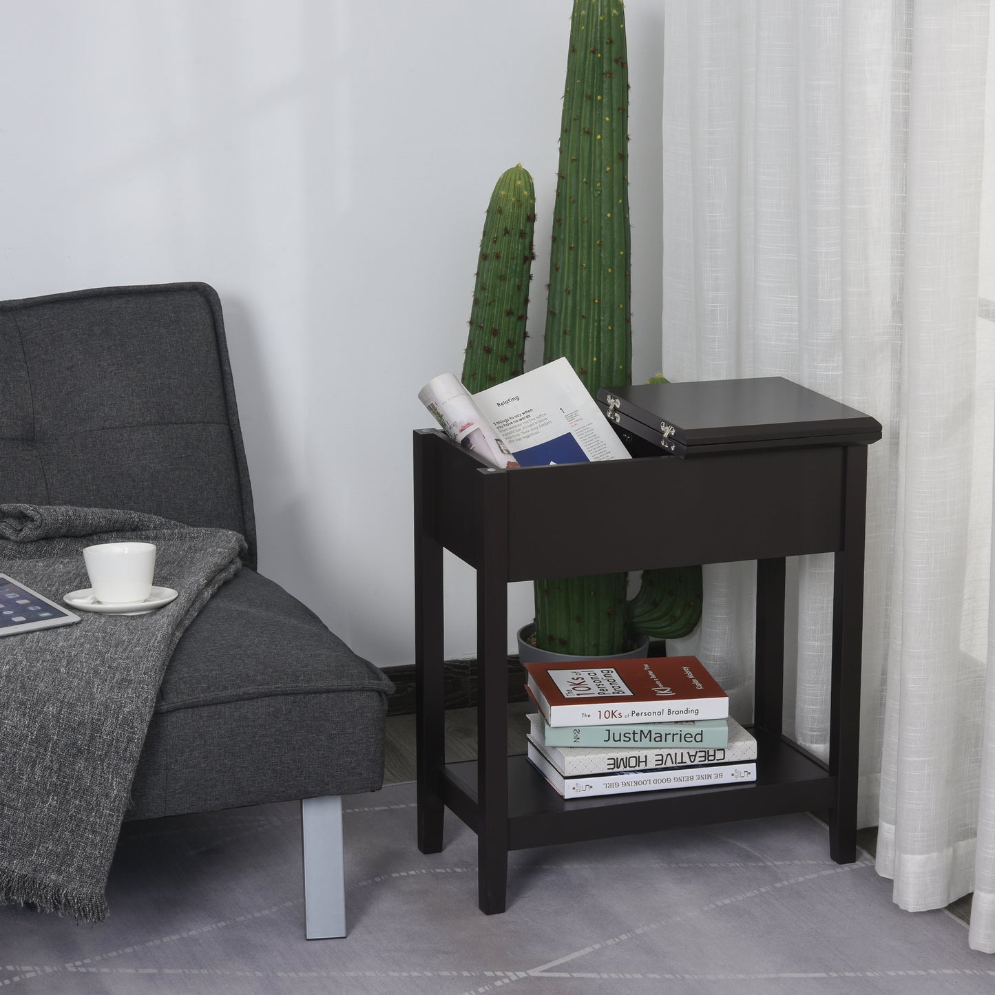End Side Table in Flip Top Design with Cabinet and Bottom Shelf, Storage Furniture Decoration for Bedroom Living Room Office, Dark Coffee