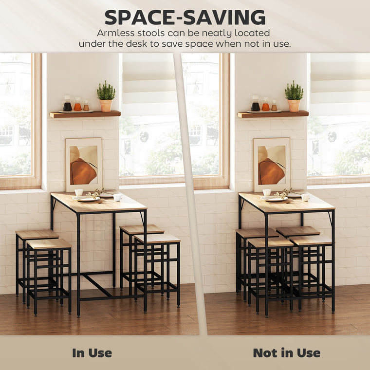 5-Piece Industrial Bar Table Set with 4 Stools - Oak
