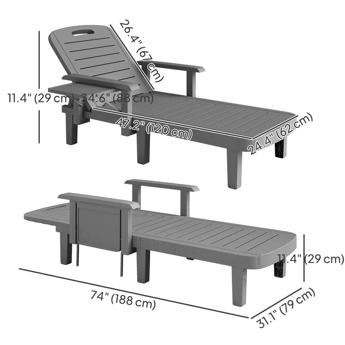 Set of 2 Tanning Chair, 5 Positions Adjustable Outdoor Lounge Chairs with Foldable Side Table, Dark Grey