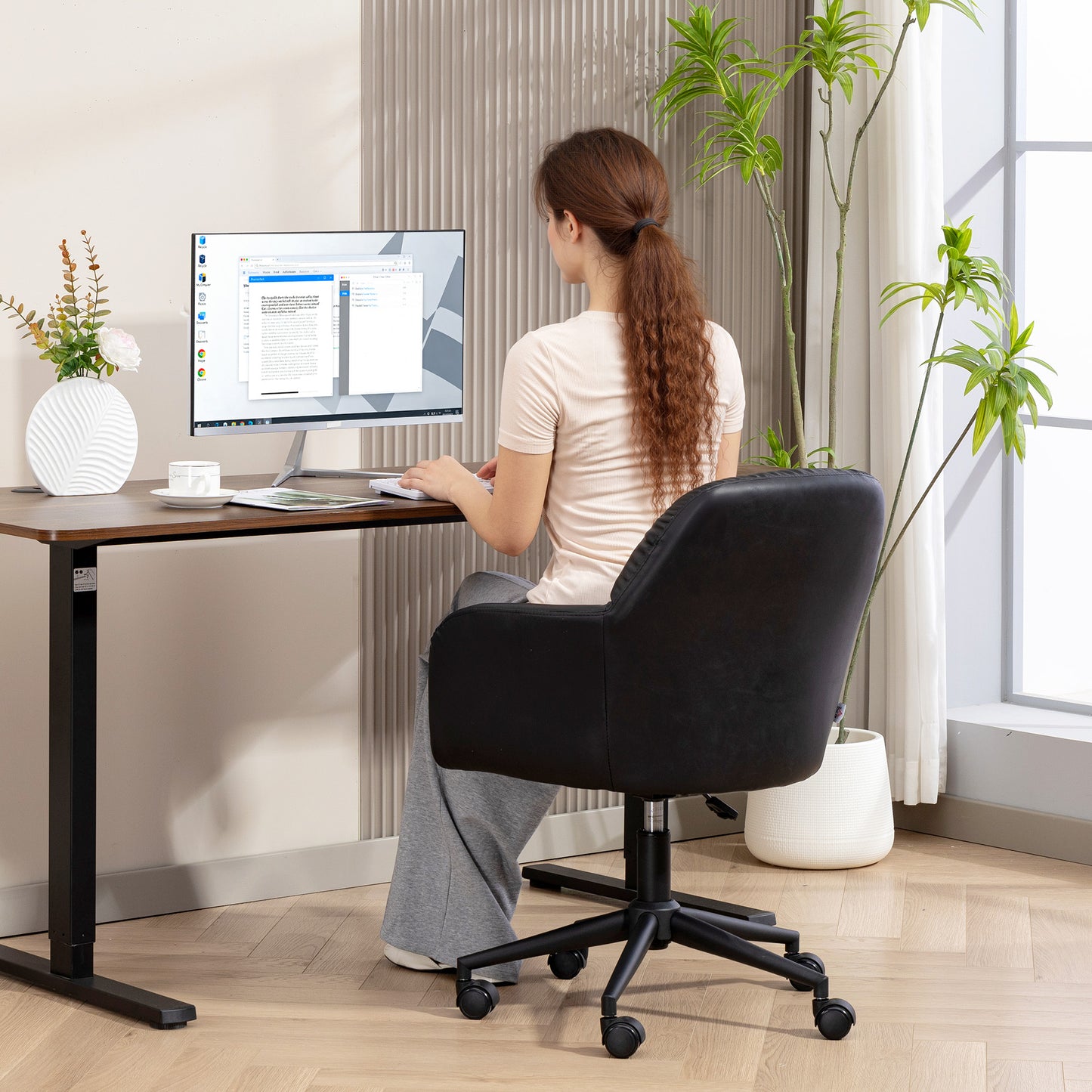 Swivel Office Chair, Faux Leather Desk Chair with Adjustable Height for Living Room, Bedroom, Study, Black