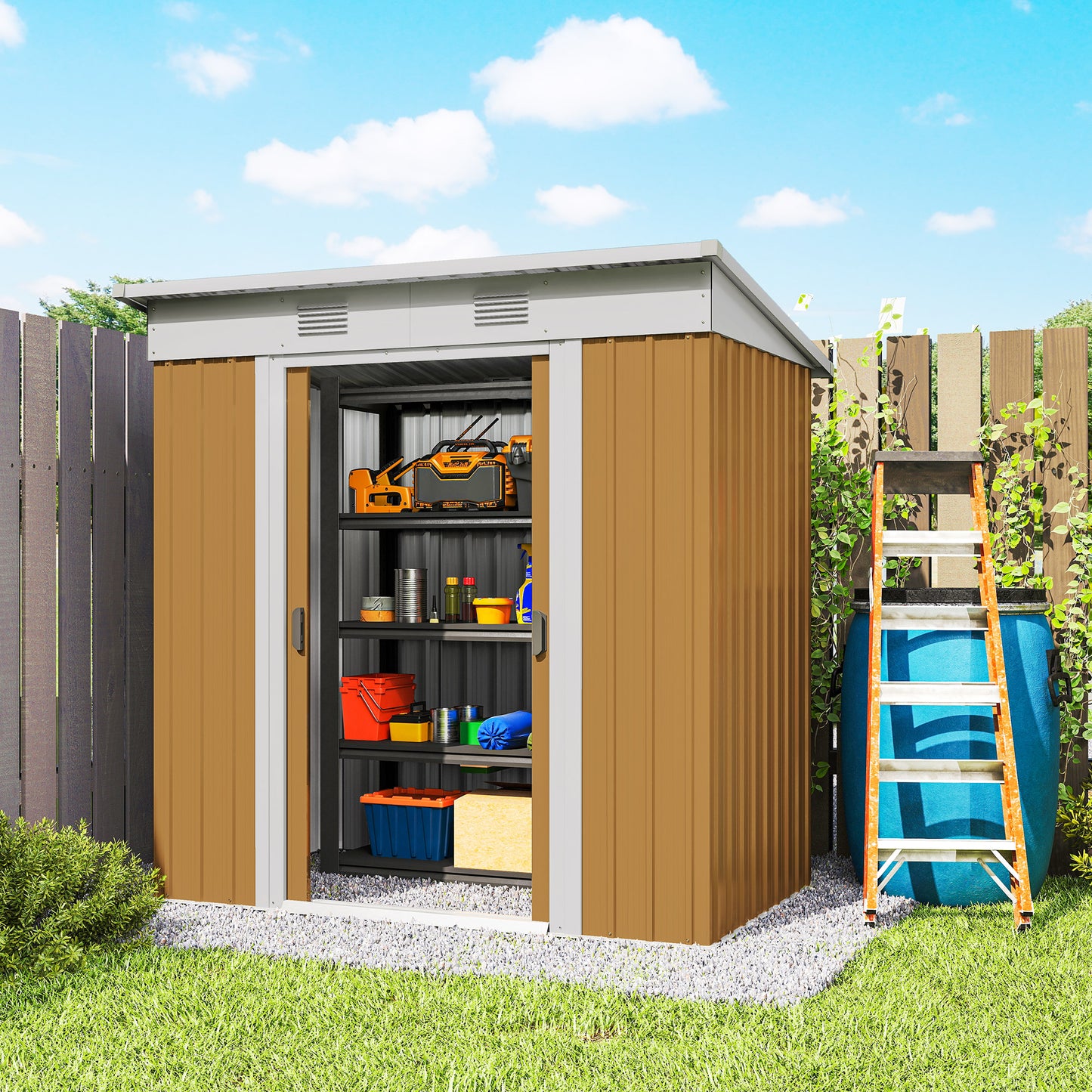 6' x 4' Outdoor Storage Shed, Metal Garden Shed with Lockable Sliding Doors and Vents, Yellow