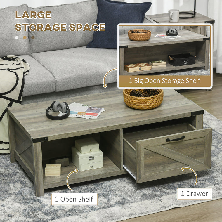 Farmhouse Coffee Table with Drawer and Shelf - Grey