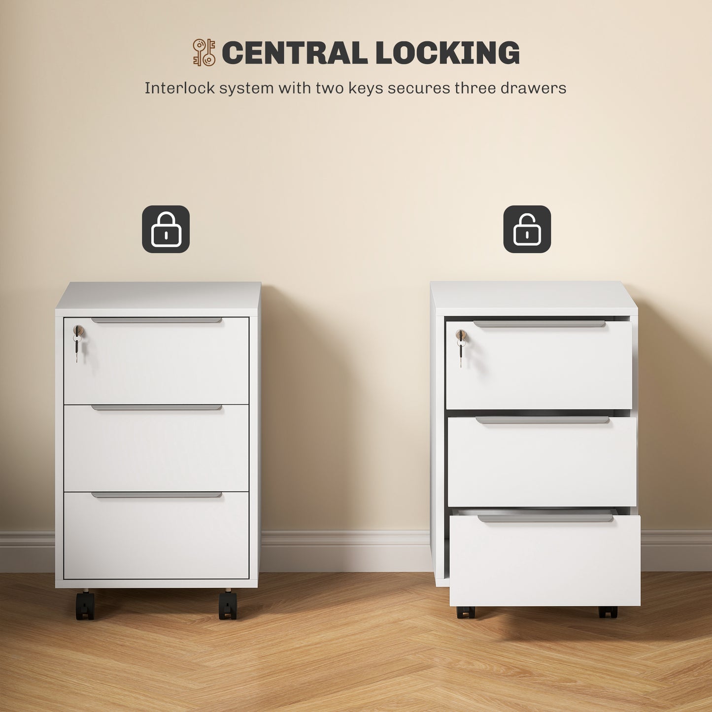3-Drawer File Cabinet with Wheels, Vertical Filing Cabinet with Lock, White