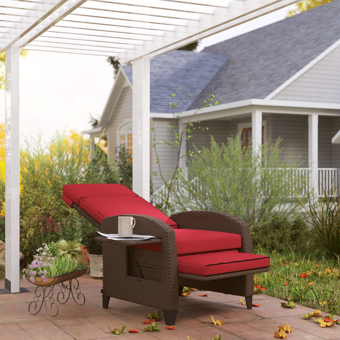 Outdoor Recliner Chair with Adjustable Backrest, Cushion, Side Tray, Black