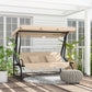 3-Seat Outdoor Patio Swing Chair, 2-in-1 Convertible Flat Bed, Canopy Swing with Adjustable Shade, Removable Cushions, Cup Holder, Light Brown