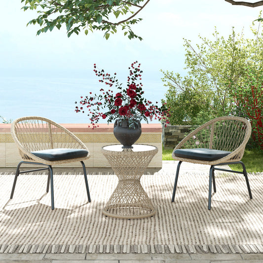 Wicker Outdoor Coffee Table, 18" Round Drum-Style Outdoor Patio Table with Tempered Glass Top, Light Brown