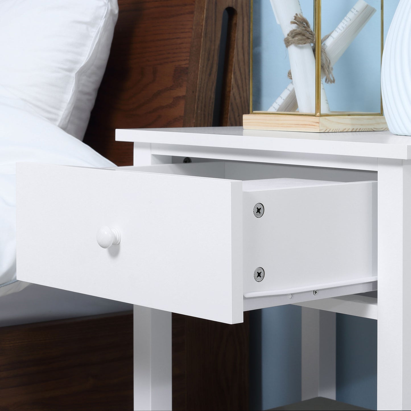 Modern Style Nightstand, Small End Table with Drawer and Storage Shelf for Bedroom, Living Room, White