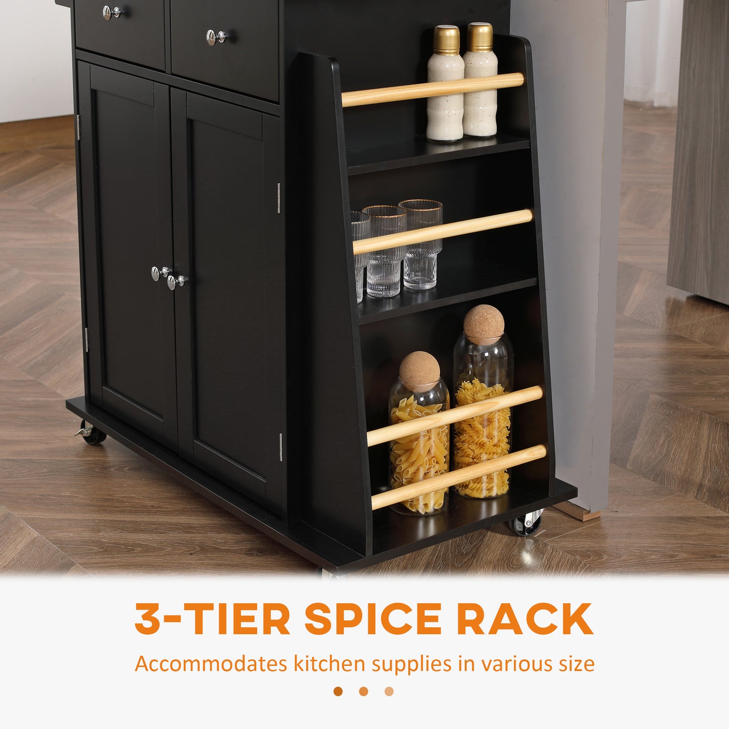 Rolling Kitchen Island Trolley Storage Cart with Rubber Wood Top, 3-Tier Spice Rack, Towel Rack Home Kitchen Carts, Black