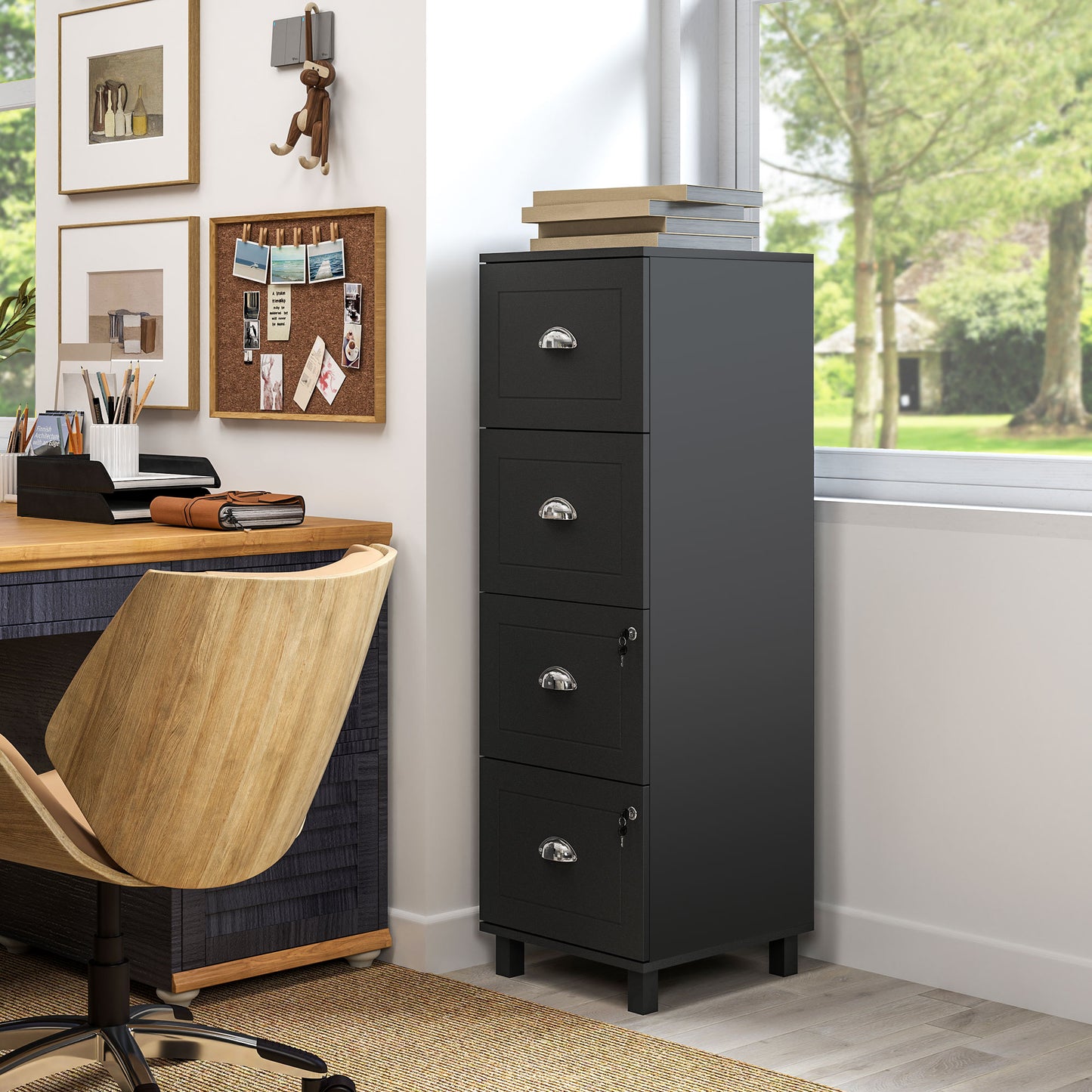 4 Drawer File Cabinet with Lock, Office Filing Cabinet, A4 Letter Size, Hanging File Folders, Black