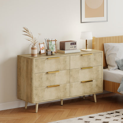 Fluted 6-Drawer Dresser with Pine Legs - Oak